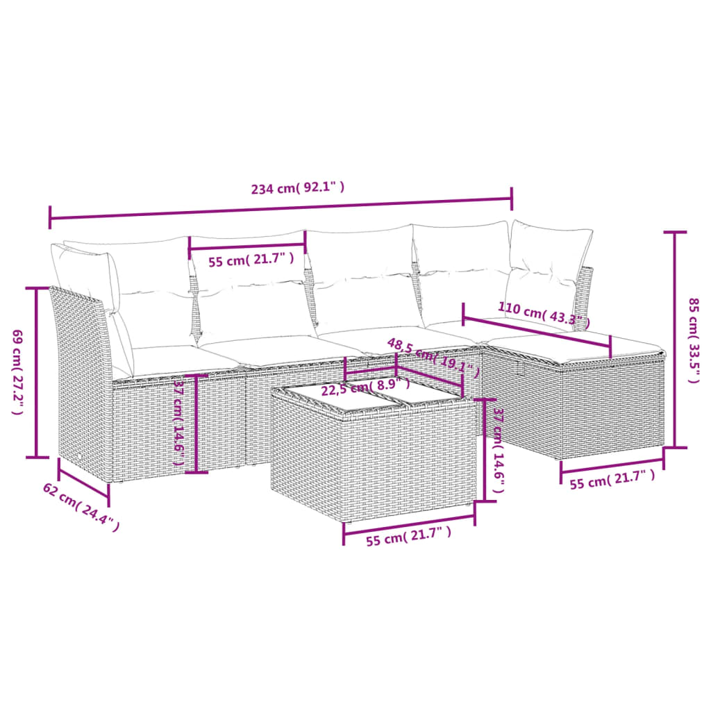 Set mobilier de grădină cu perne, 6 piese, negru, poliratan 3263142 - imagine 4