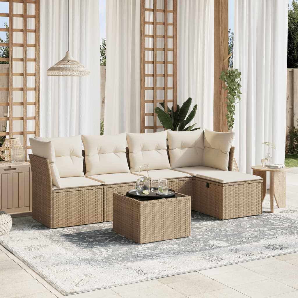 vidaXL 6-tlg. Garten-Sofagarnitur mit Kissen Beige Poly Rattan