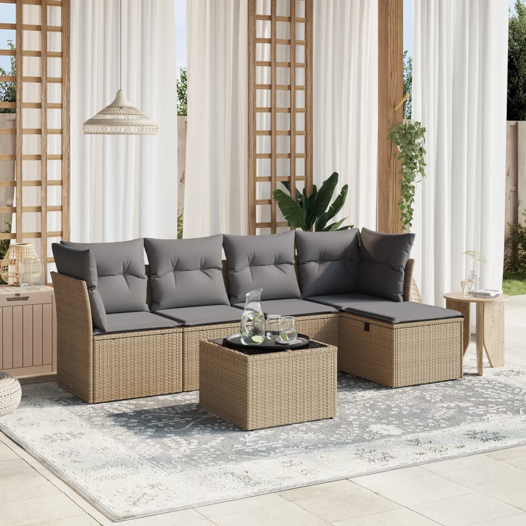 vidaXL 6-tlg. Garten-Sofagarnitur mit Kissen Beige Poly Rattan