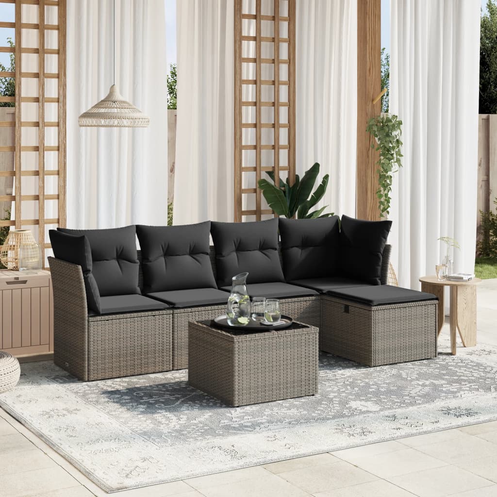 vidaXL 6-tlg. Garten-Sofagarnitur mit Kissen Grau Poly Rattan