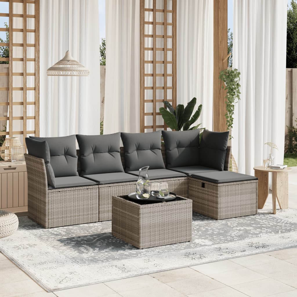 6-tlg. Garten-Sofagarnitur mit Kissen Hellgrau Poly Rattan