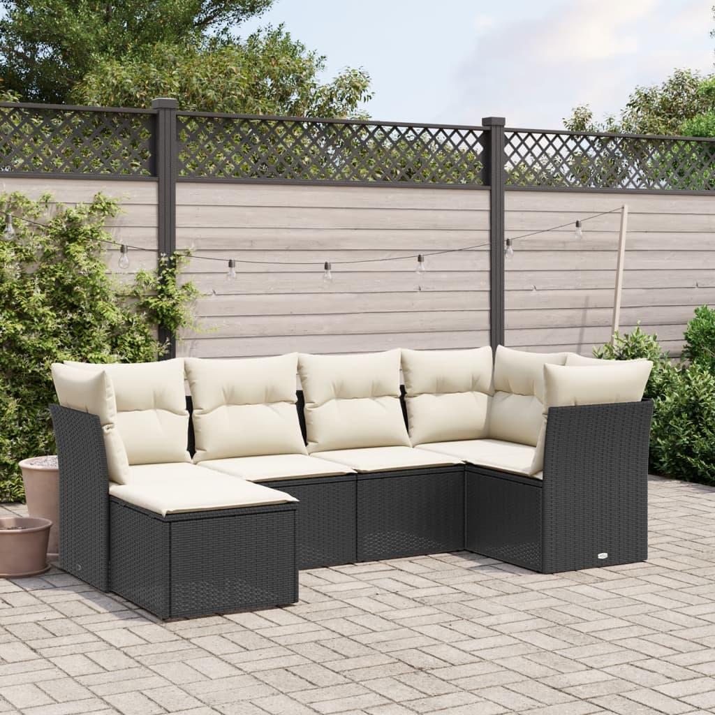 6-tlg. Garten-Sofagarnitur mit Kissen Schwarz Poly Rattan