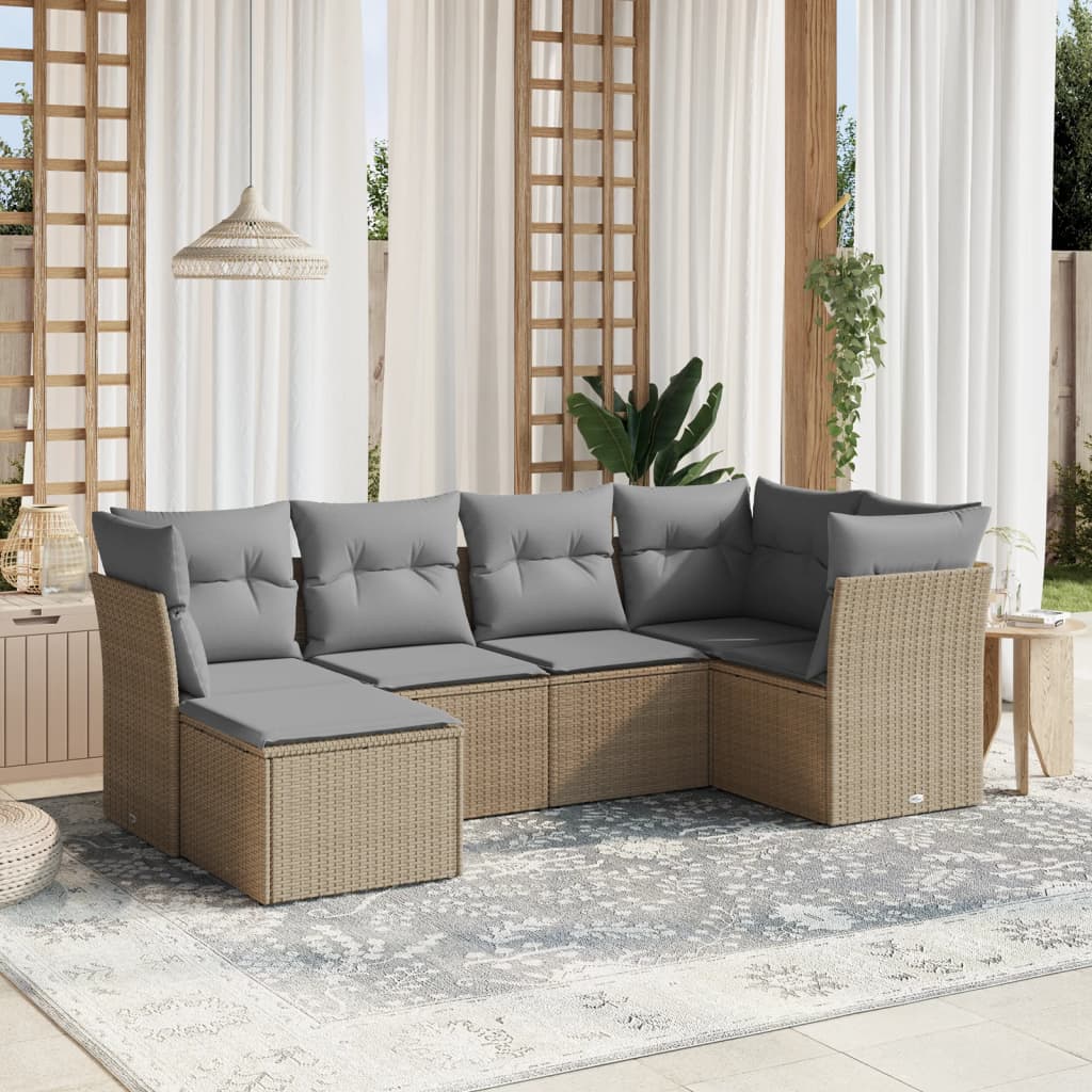 6-tlg. Garten-Sofagarnitur mit Kissen Beige Poly Rattan