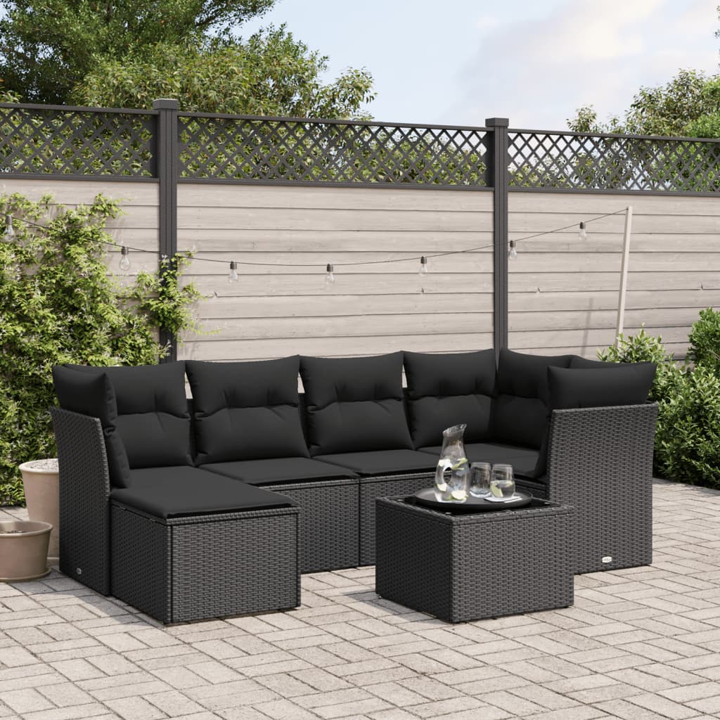 vidaXL 7-tlg. Garten-Sofagarnitur mit Kissen Schwarz Poly Rattan