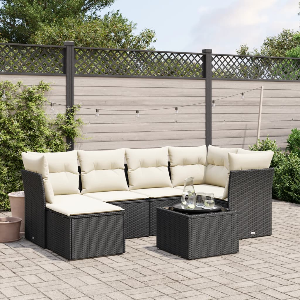 vidaXL 7-tlg. Garten-Sofagarnitur mit Kissen Schwarz Poly Rattan