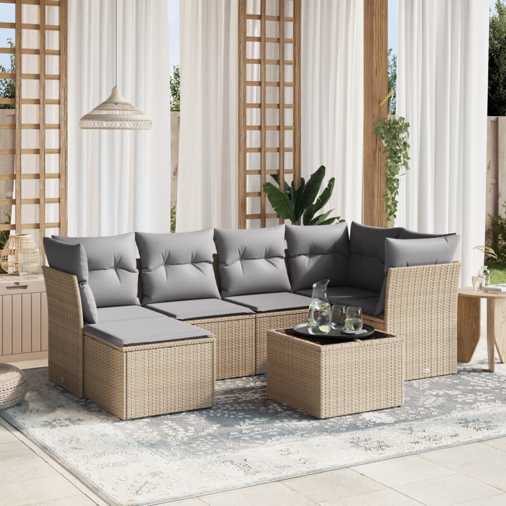 vidaXL 7-tlg. Garten-Sofagarnitur mit Kissen Beige Poly Rattan