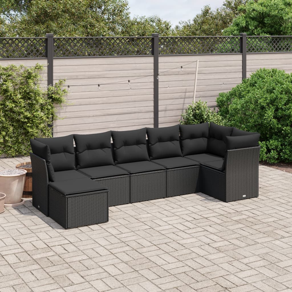 vidaXL 7-tlg. Garten-Sofagarnitur mit Kissen Schwarz Poly Rattan