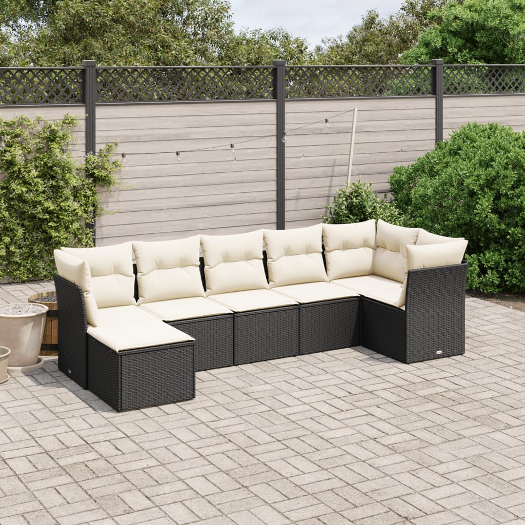 vidaXL 7-tlg. Garten-Sofagarnitur mit Kissen Schwarz Poly Rattan