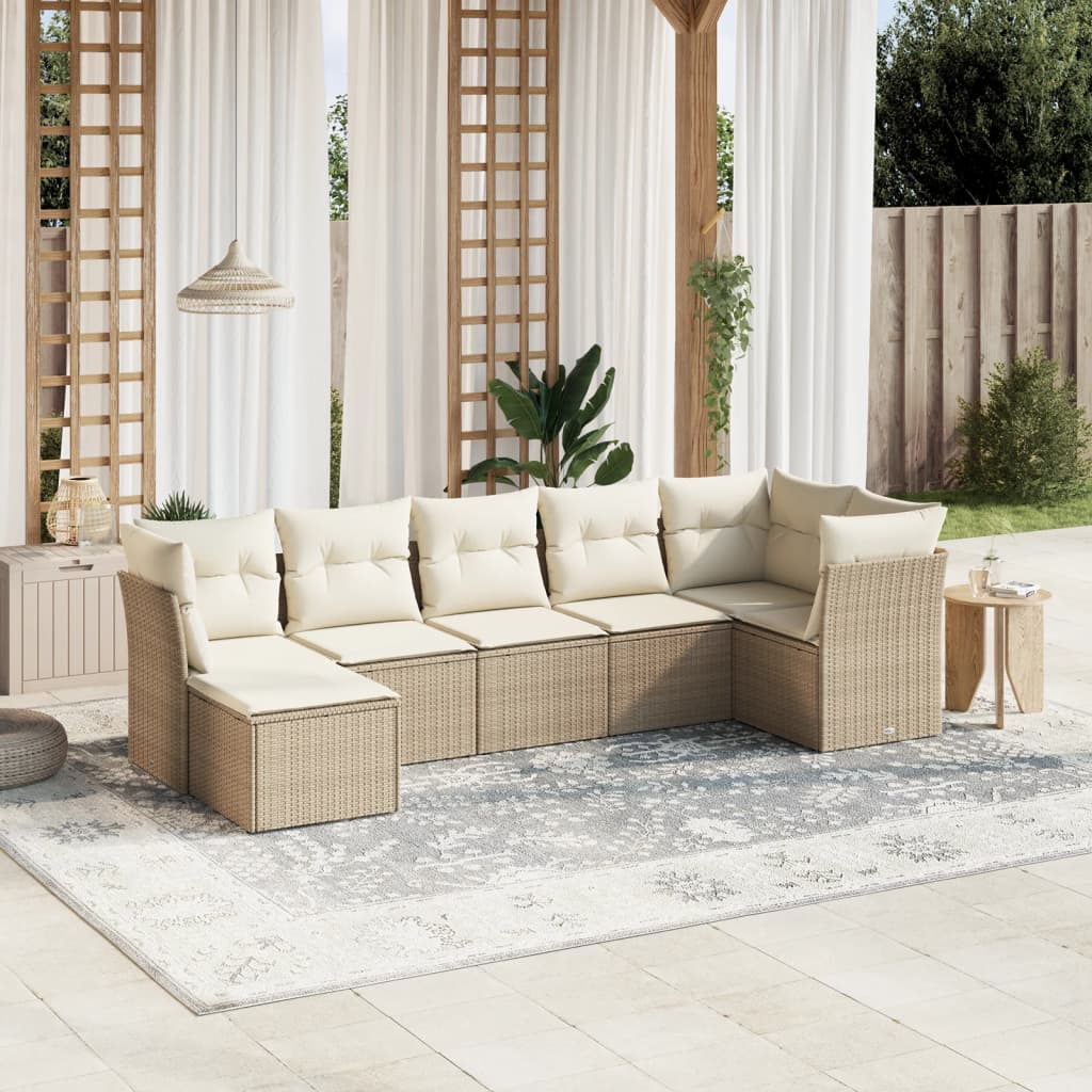 vidaXL 7-tlg. Garten-Sofagarnitur mit Kissen Beige Poly Rattan