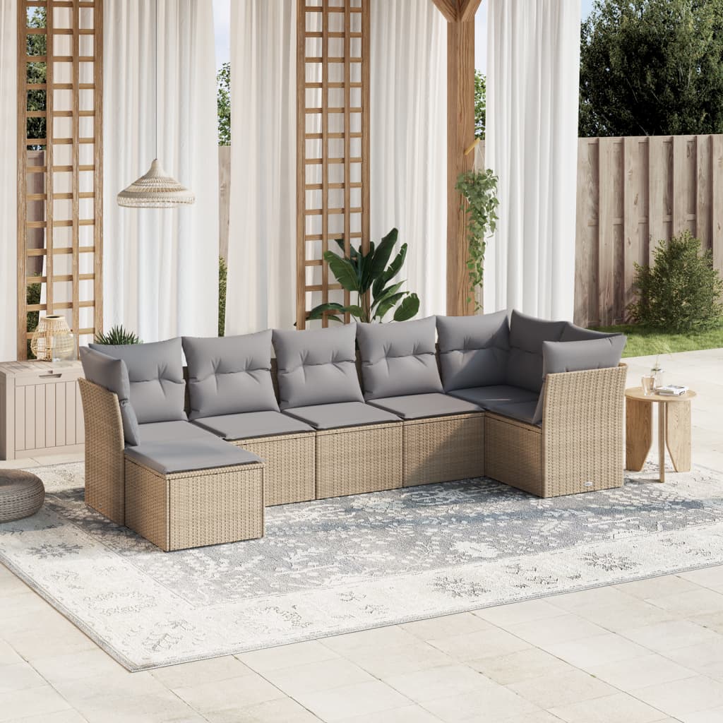 7-tlg. Garten-Sofagarnitur mit Kissen Beige Poly Rattan