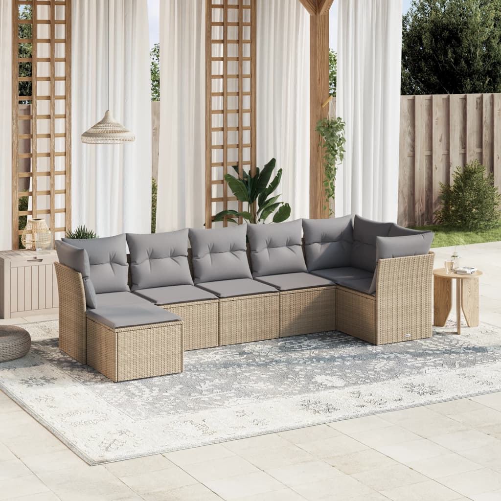 vidaXL 7-tlg. Garten-Sofagarnitur mit Kissen Beige Poly Rattan