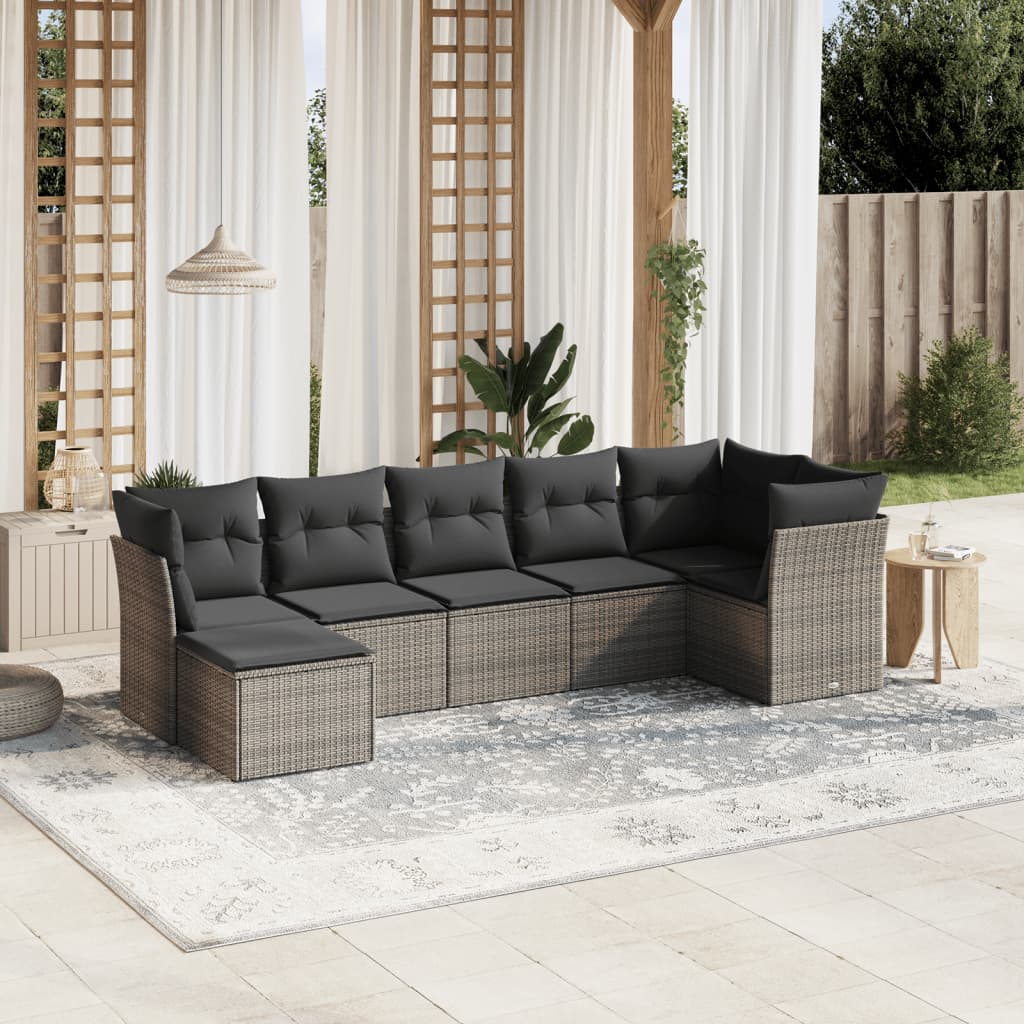 vidaXL 7-tlg. Garten-Sofagarnitur mit Kissen Grau Poly Rattan