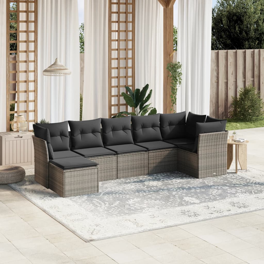 vidaXL 7-tlg. Garten-Sofagarnitur mit Kissen Hellgrau Poly Rattan