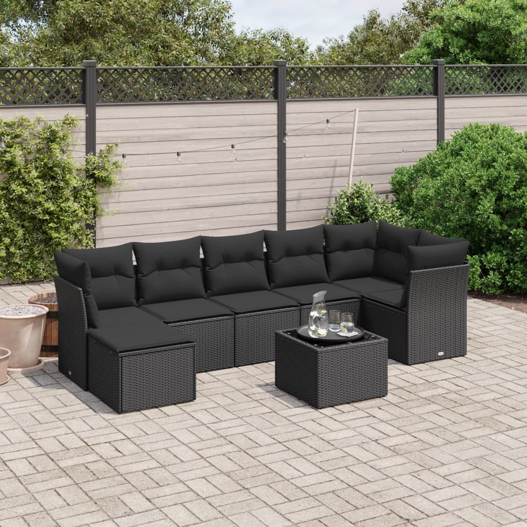 vidaXL 8-tlg. Garten-Sofagarnitur mit Kissen Schwarz Poly Rattan