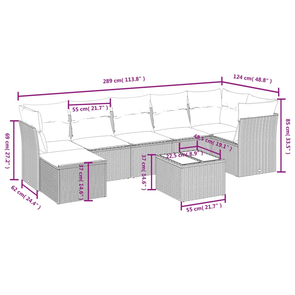 Set mobilier de grădină cu perne, 8 piese, negru, poliratan 3263202 - imagine 4