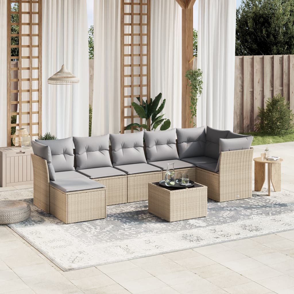 vidaXL 8-tlg. Garten-Sofagarnitur mit Kissen Beige Poly Rattan