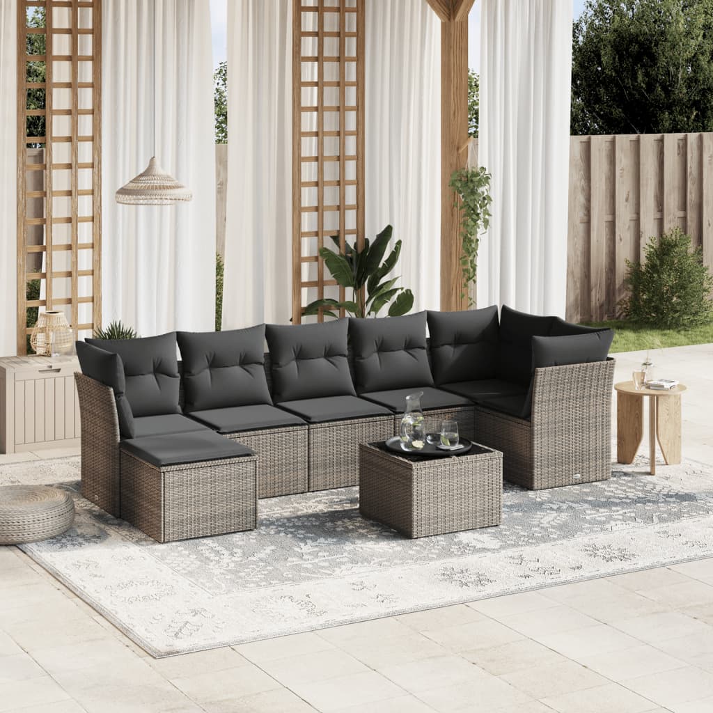 vidaXL 8 pcs conjunto sofás de jardim c/ almofadões vime PE cinzento