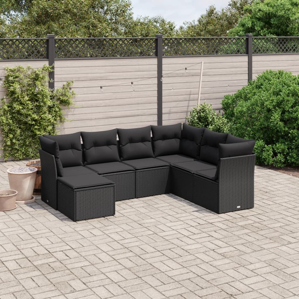 vidaXL 7-tlg. Garten-Sofagarnitur mit Kissen Schwarz Poly Rattan