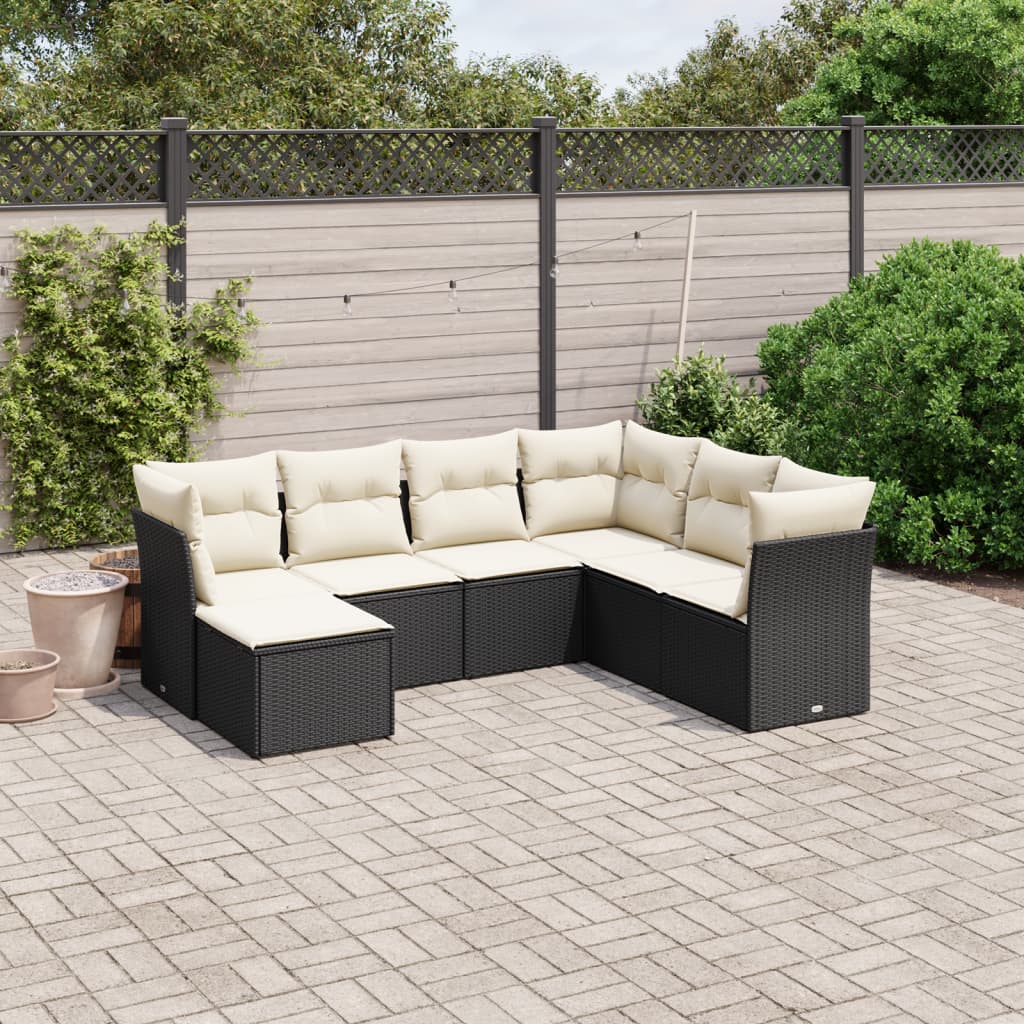 7-tlg. Garten-Sofagarnitur mit Kissen Schwarz Poly Rattan