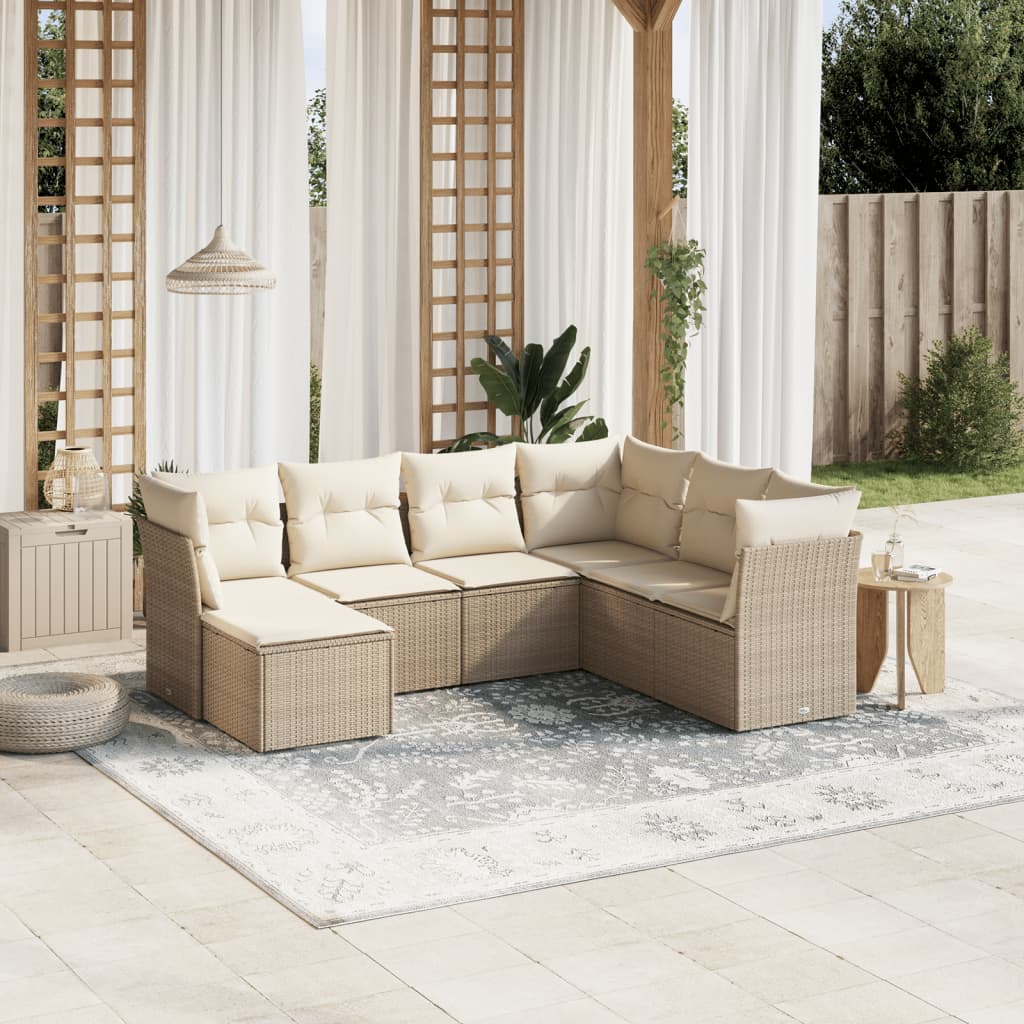 vidaXL 7-tlg. Garten-Sofagarnitur mit Kissen Beige Poly Rattan