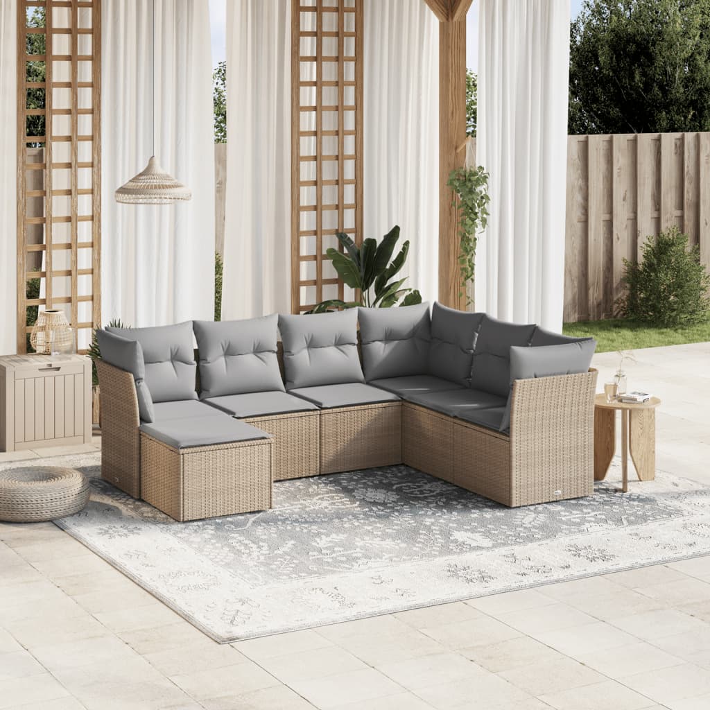 vidaXL 7-tlg. Garten-Sofagarnitur mit Kissen Beige Poly Rattan