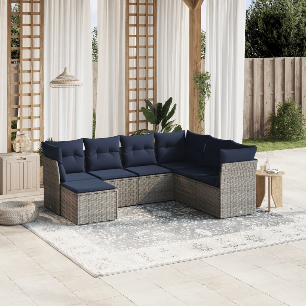 7-tlg. Garten-Sofagarnitur mit Kissen Grau Poly Rattan