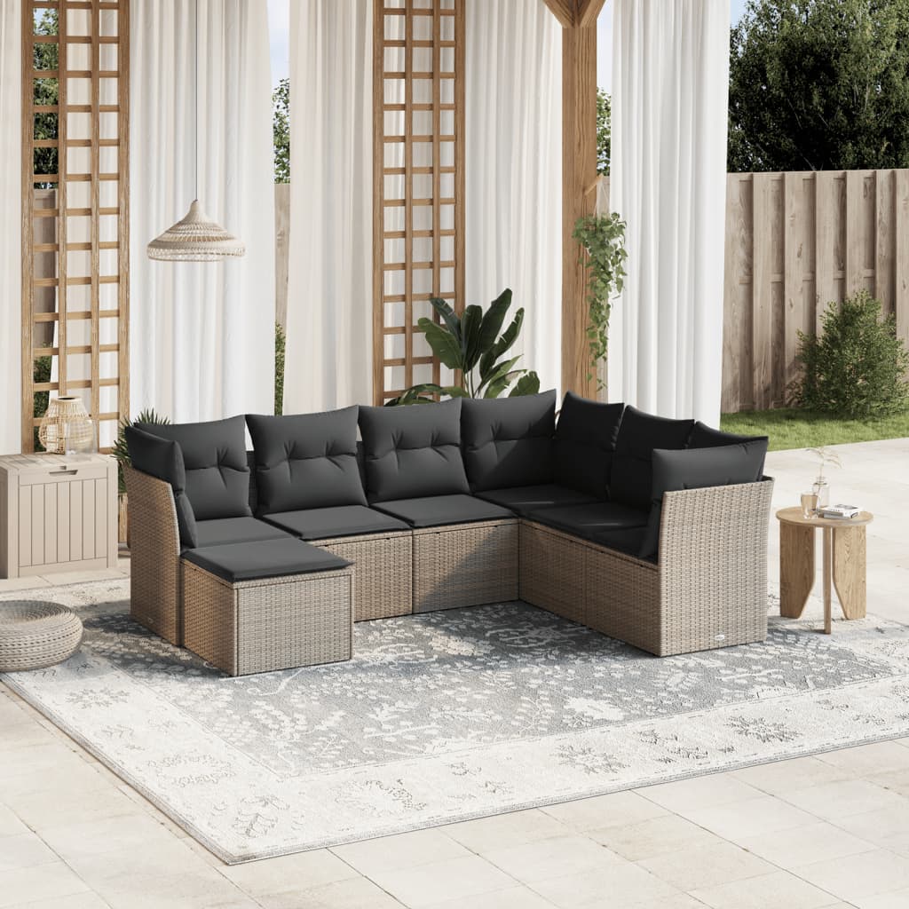 vidaXL 7-tlg. Garten-Sofagarnitur mit Kissen Hellgrau Poly Rattan