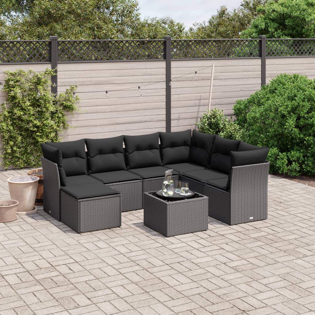 vidaXL 8-tlg. Garten-Sofagarnitur mit Kissen Schwarz Poly Rattan