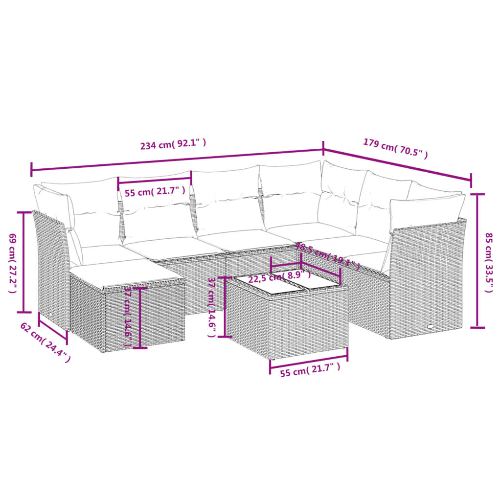 Set mobilier de grădină cu perne, 8 piese, negru, poliratan 3263222 - imagine 4