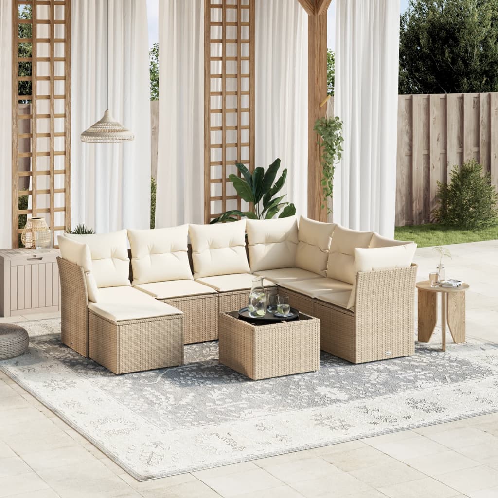 vidaXL 8-tlg. Garten-Sofagarnitur mit Kissen Beige Poly Rattan