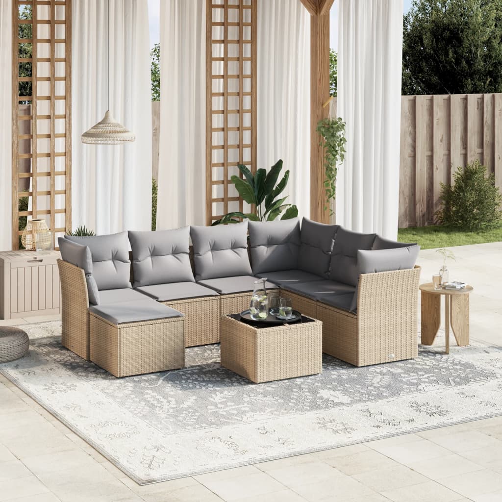 vidaXL 8-tlg. Garten-Sofagarnitur mit Kissen Beige Poly Rattan