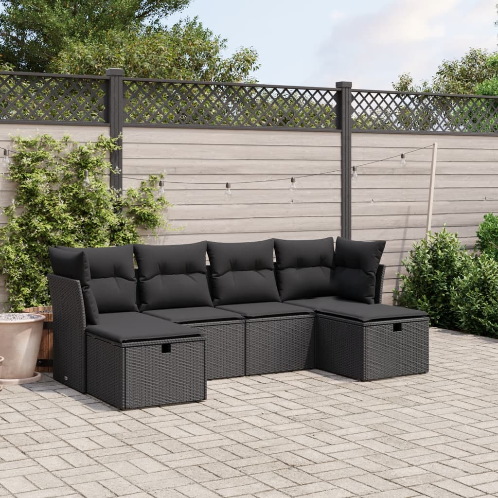 vidaXL 6-tlg. Garten-Sofagarnitur mit Kissen Schwarz Poly Rattan