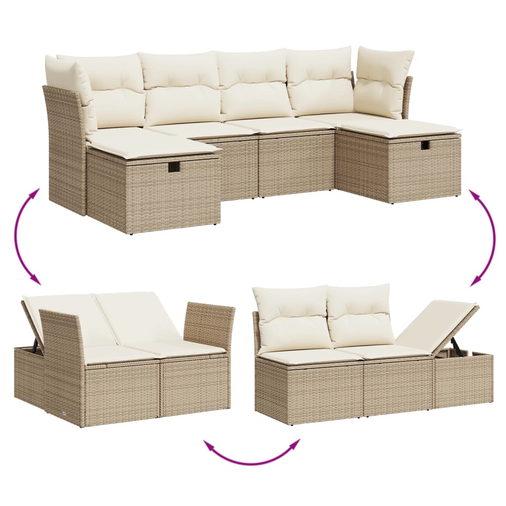 vidaXL 6-delige Loungeset met kussens poly rattan beige afbeelding