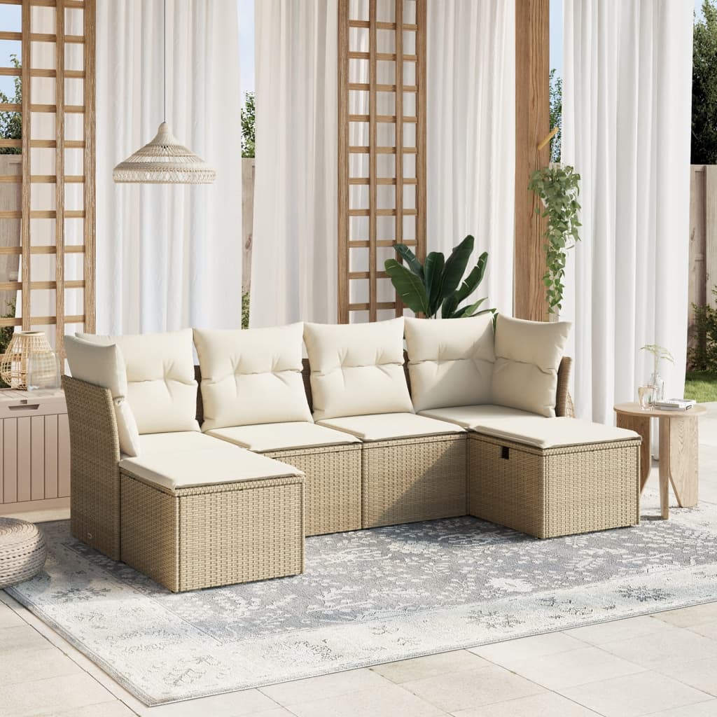 vidaXL 6-tlg. Garten-Sofagarnitur mit Kissen Beige Poly Rattan