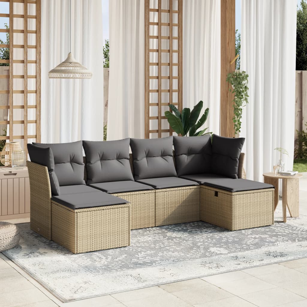 vidaXL 6-tlg. Garten-Sofagarnitur mit Kissen Beige Poly Rattan