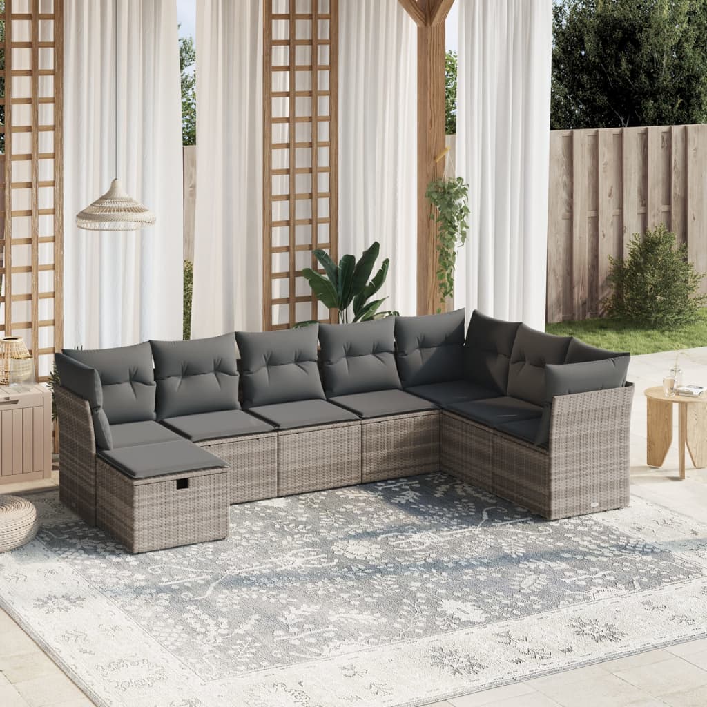 8-tlg. Garten-Sofagarnitur mit Kissen Hellgrau Poly Rattan