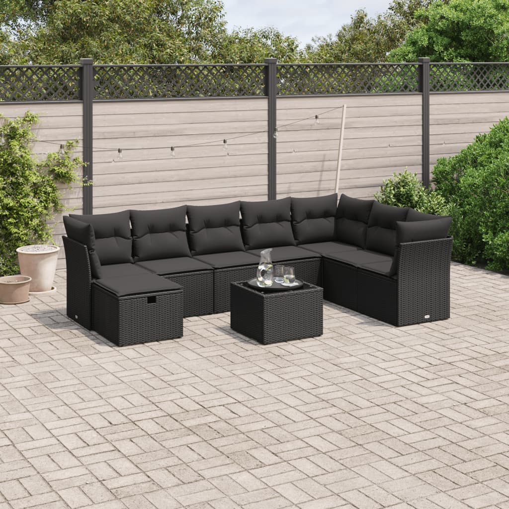 9-tlg. Garten-Sofagarnitur mit Kissen Schwarz Poly Rattan