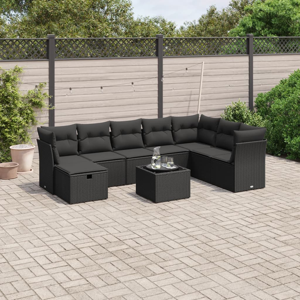 vidaXL 9-tlg. Garten-Sofagarnitur mit Kissen Schwarz Poly Rattan