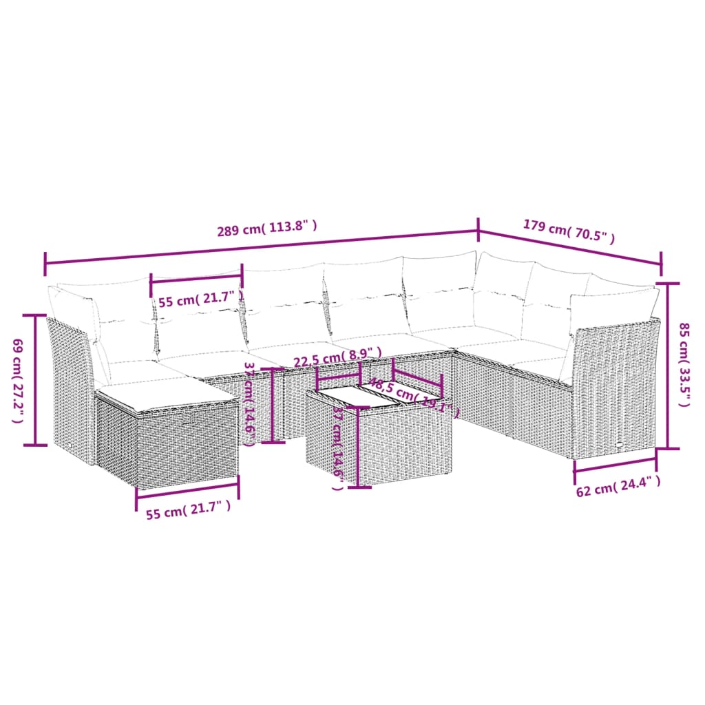 Set mobilier de grădină cu perne, 9 piese, negru, poliratan 3263282 - imagine 4