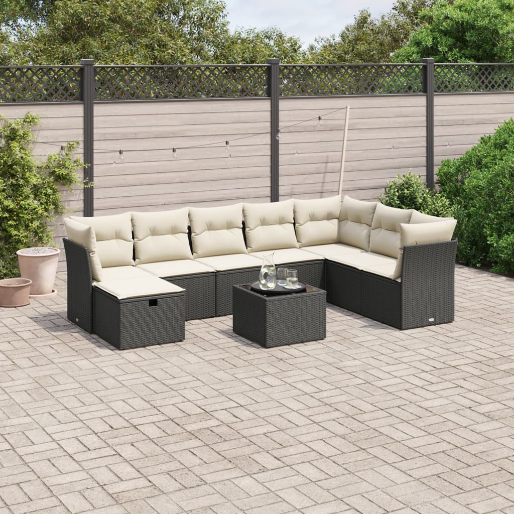 9-tlg. Garten-Sofagarnitur mit Kissen Schwarz Poly Rattan