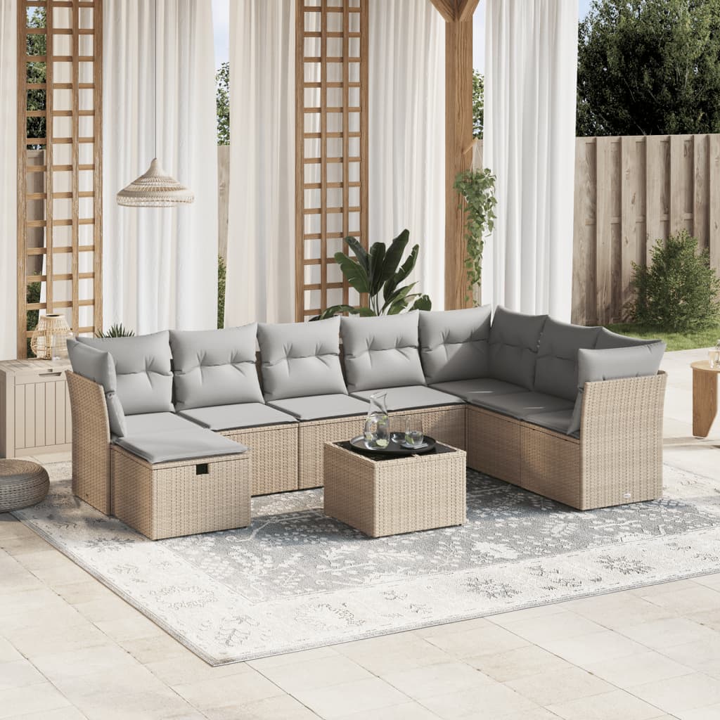 vidaXL 9-tlg. Garten-Sofagarnitur mit Kissen Beige Poly Rattan