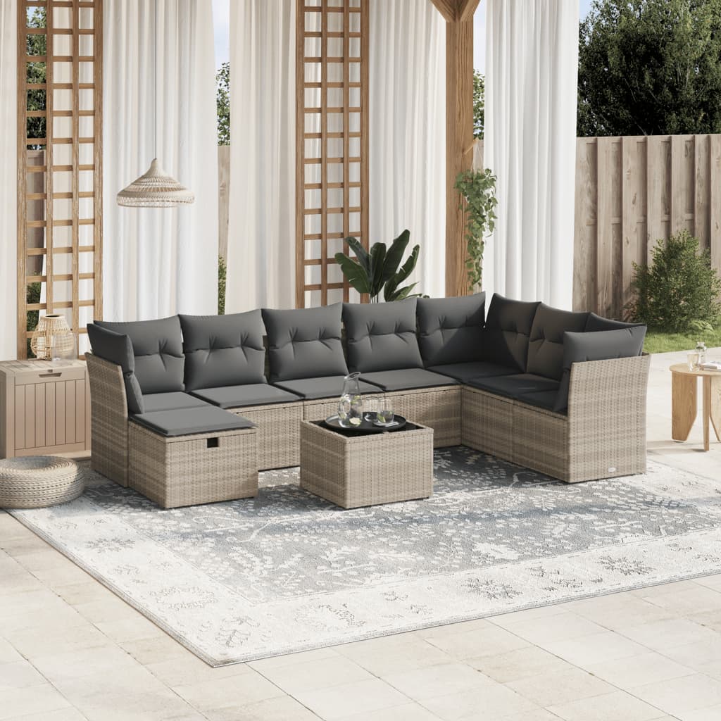 9-tlg. Garten-Sofagarnitur mit Kissen Hellgrau Poly Rattan