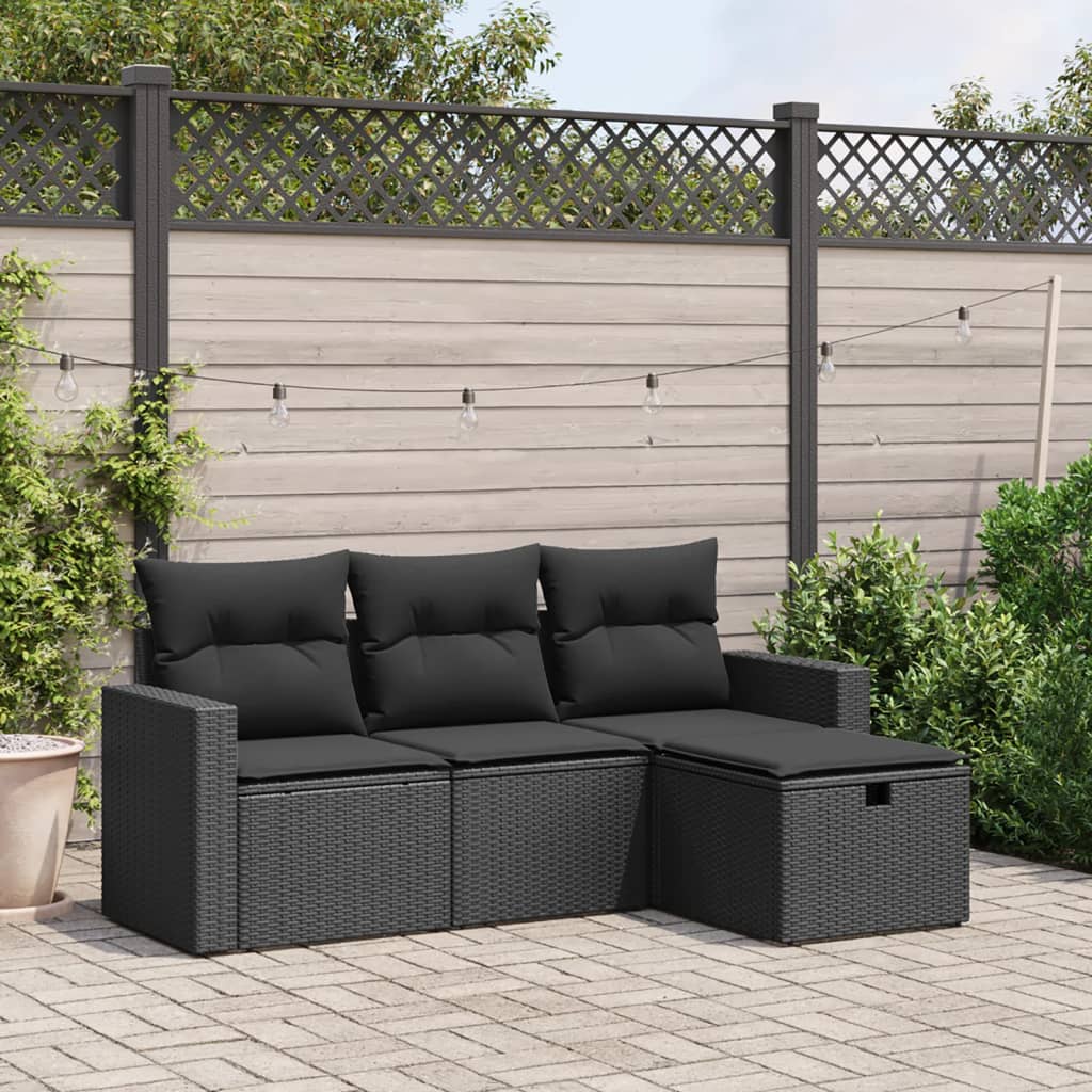 vidaXL 4-tlg. Garten-Sofagarnitur mit Kissen Schwarz Poly Rattan