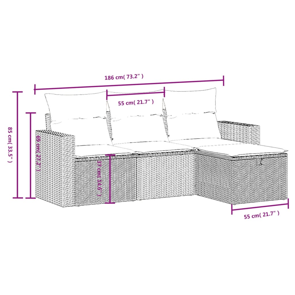Set mobilier de grădină cu perne, 4 piese, negru, poliratan 3263442 - imagine 4