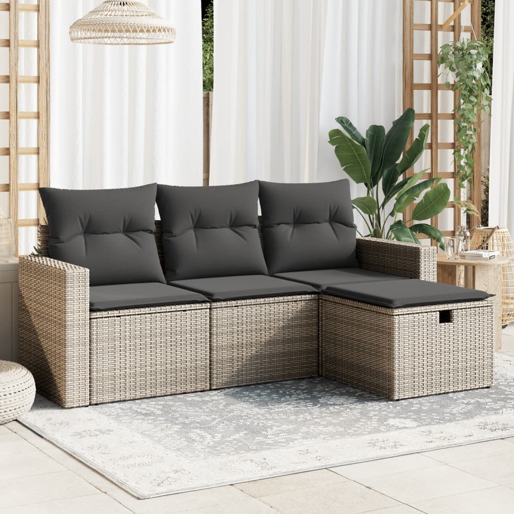 4-tlg. Garten-Sofagarnitur mit Kissen Grau Poly Rattan