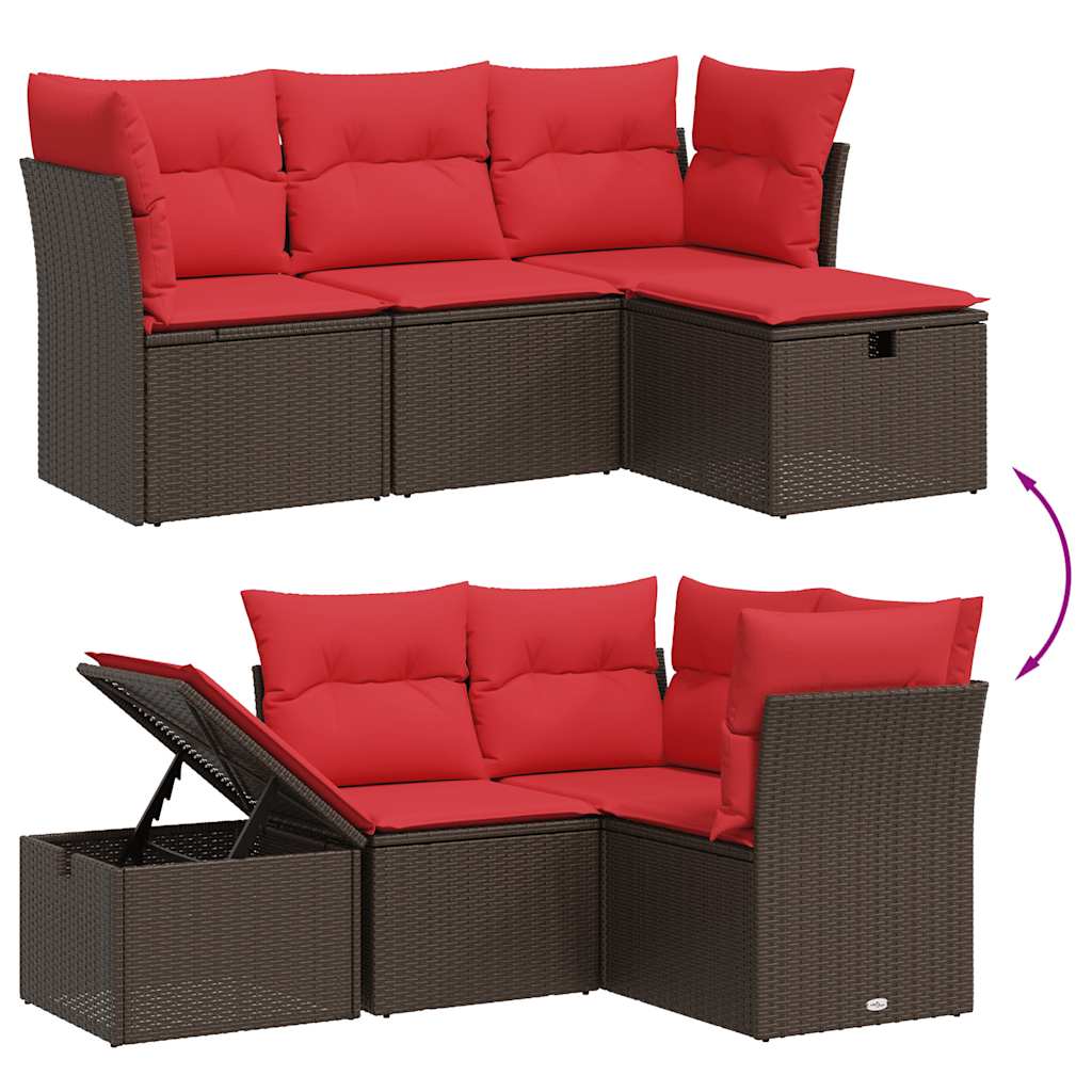 vidaXL 4-delige tuinbankset met kussens, bruin polyrotan