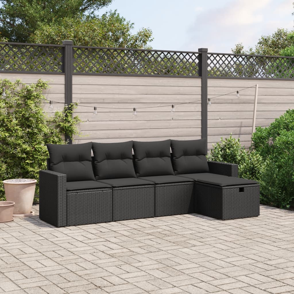 vidaXL 5-tlg. Garten-Sofagarnitur mit Kissen Schwarz Poly Rattan