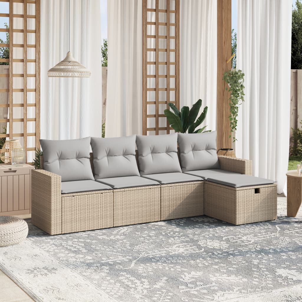 vidaXL 5-tlg. Garten-Sofagarnitur mit Kissen Beige Poly Rattan