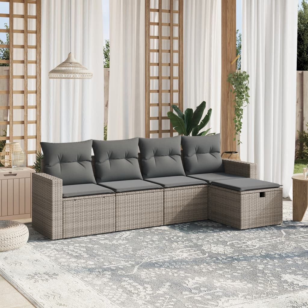 5-tlg. Garten-Sofagarnitur mit Kissen Grau Poly Rattan