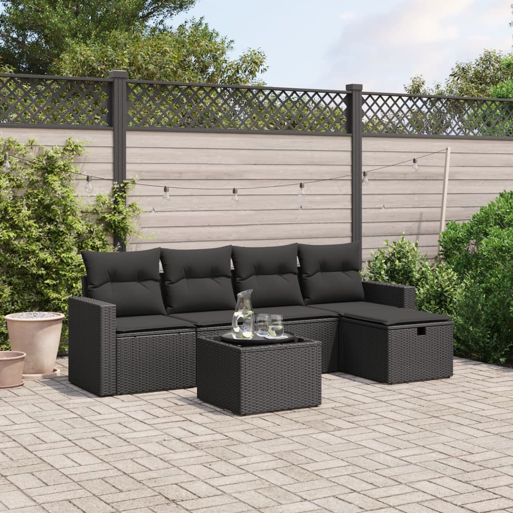 vidaXL 6-tlg. Garten-Sofagarnitur mit Kissen Schwarz Poly Rattan